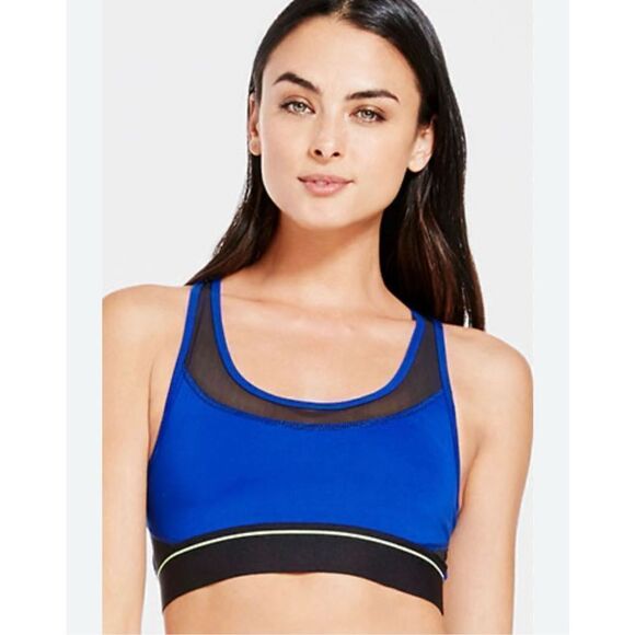 Fabletics Tropez Sports Bra Bright Blue/Black Logo Mesh Open Back Racerback L - Picture 1 of 5